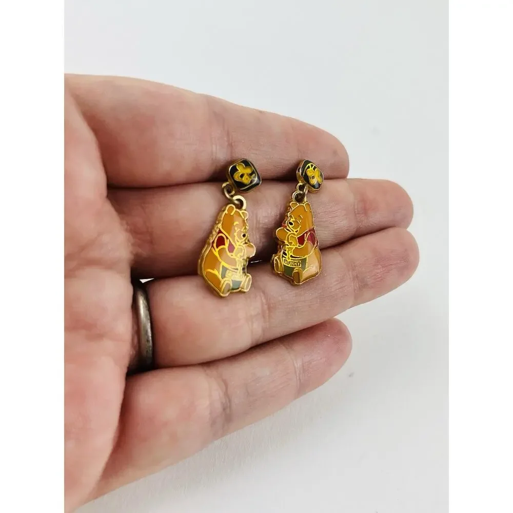 Vintage Winnie the Pooh Dangle Earrings Sitting Pooh w/Honey Pot Enamel Disney - Picture 14 of 14